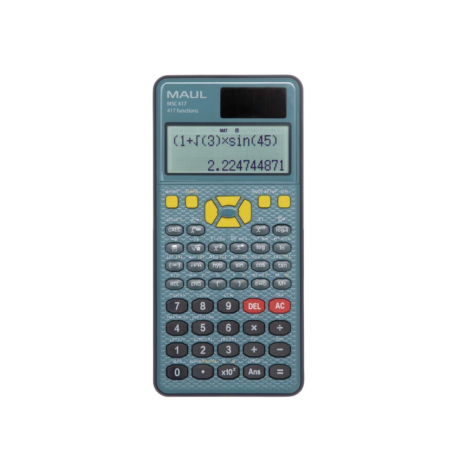 MAUL MSC 417 - Calculadora científica con pantalla de 2 líneas, 80% plástico reciclado, pantalla LCD, incluye funda de tapa dura, color azul y negro