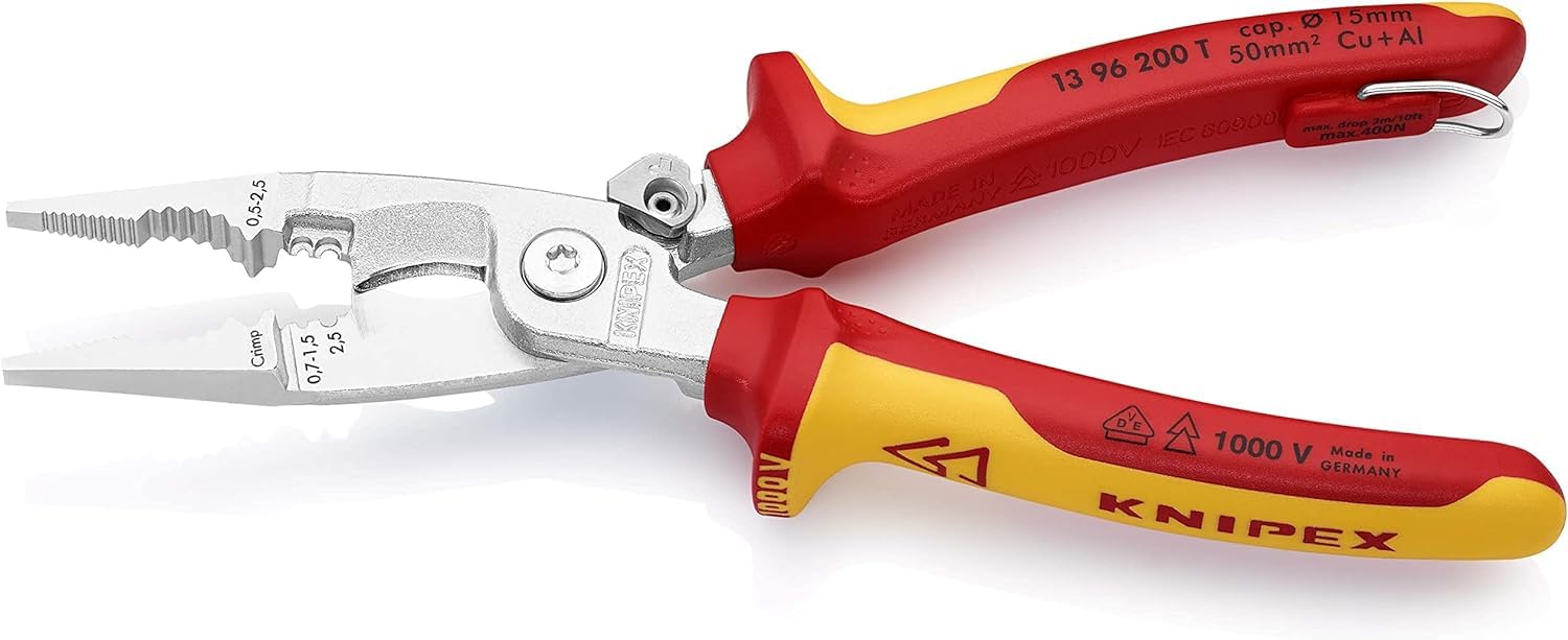 Knipex Pince pour installations électriques chromée isolées avec gaines bi-matière, homologuées VDE ; avec œillet de fixation isolé, 13 96 200 T