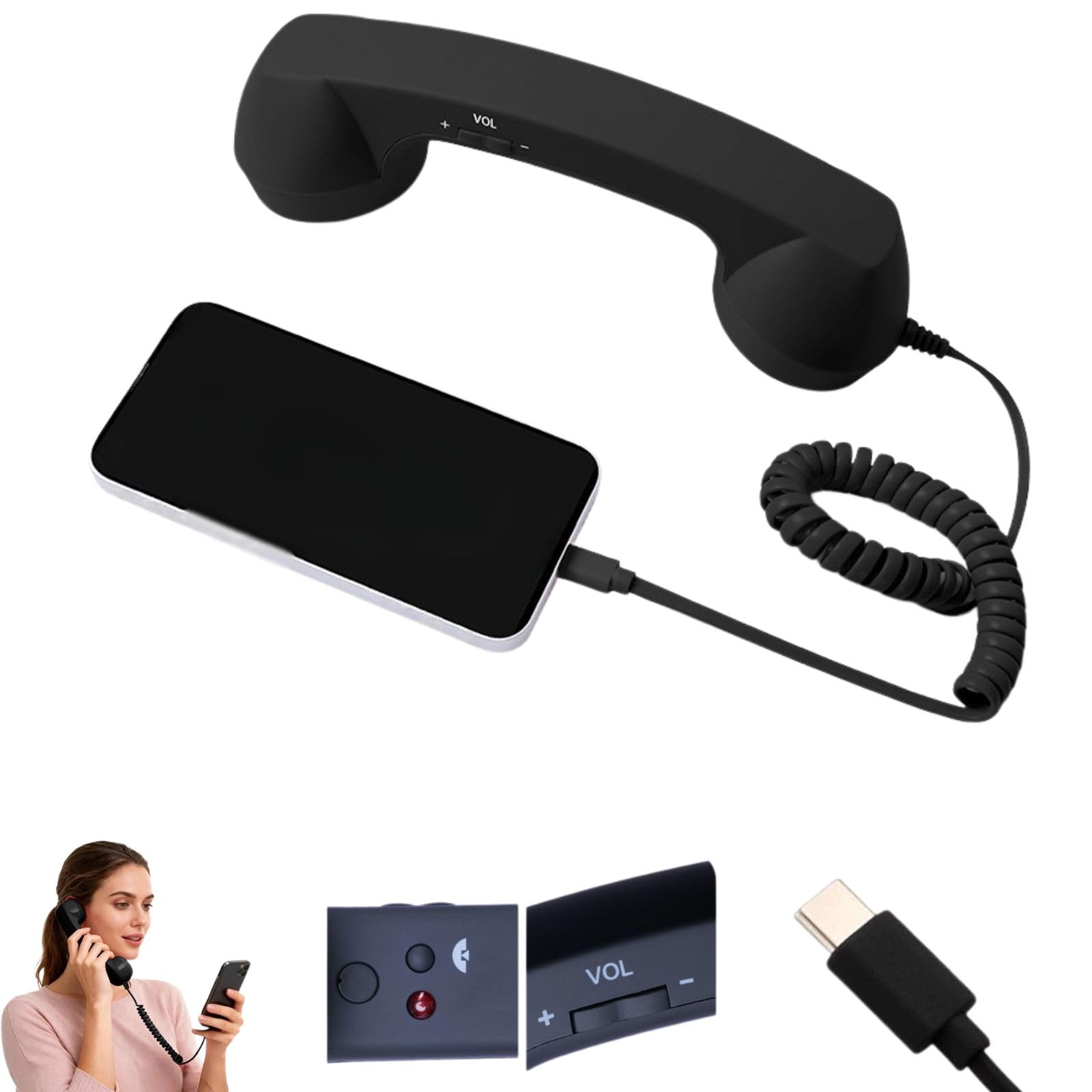 Retro Phone Handset,2026 New Retro Phone Handset for Phone,Type-C Retro Telephone Wired Handsets Style Landline Handle Receiver for Cell Mobile Video Conferences,Calls,Meetings (Black)