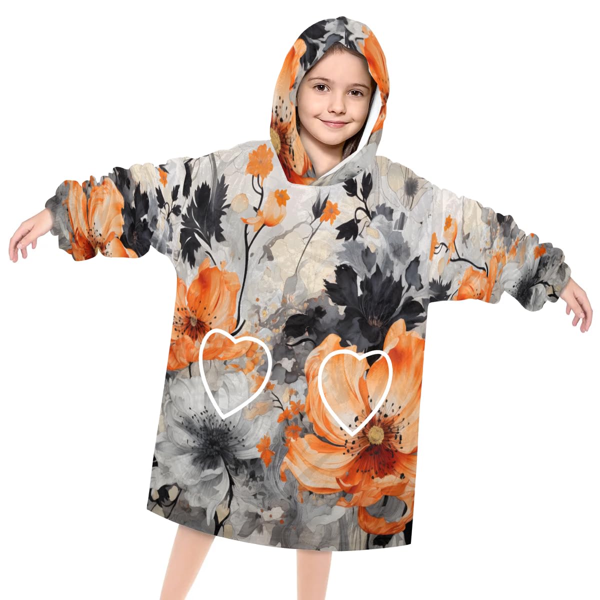 Wearable Blanket Hoodie for Kids, Oil Painting Florals Fleece Sweatshirt Blanket Oversized Blanket Sweatshirt with Pocket Flannel Warm Hooded Blanket 6-10 Year Old Girl Boy Gift, One Size