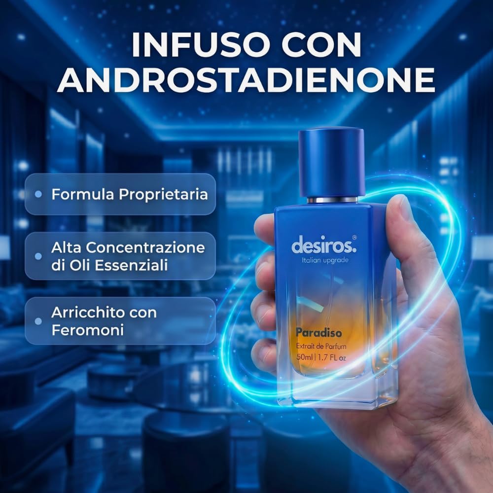 Desiros Paradiso Perfumy Włoskie Uwodzicielskie Cytrusowe Świeże, 50 ml | Markowe perfumy, feromony perfumowane z Androstadienonem, 25% olejków eterycznych, nut neroli i jaśminu, pomysł na prezent