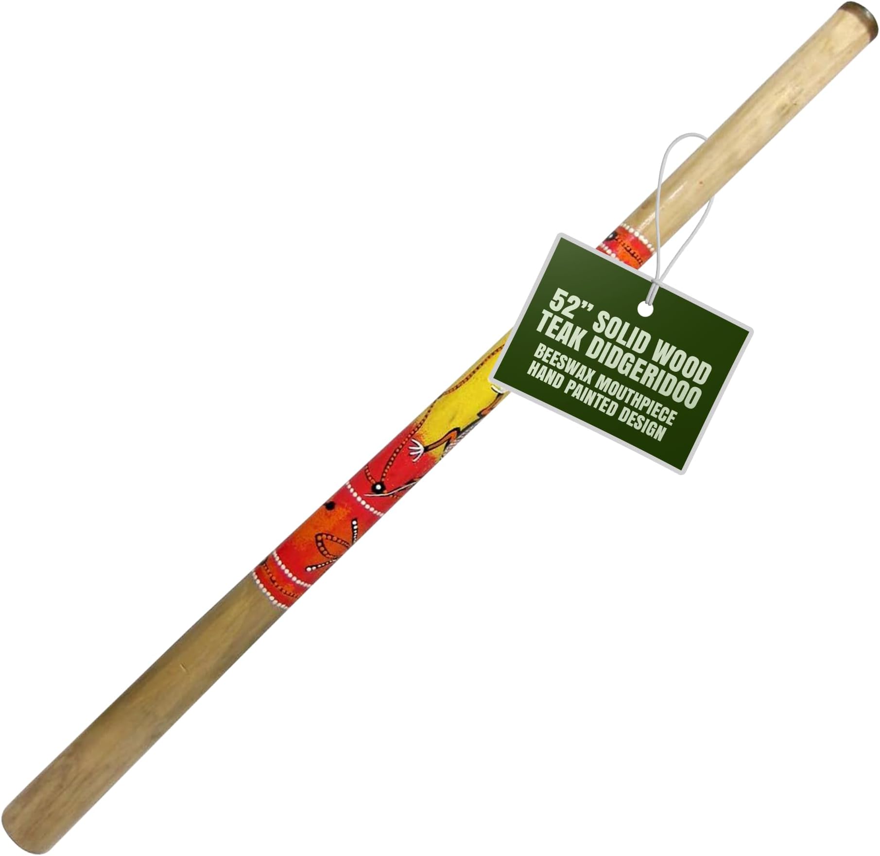 Solid Wood Didgeridoo, 52" Long with Beeswax Mouthpiece – Hand-Painted Dancing Lizard Design, Wind Instrument in Key of C-E, Instrument for Beginners and Intermediate Players, by World Percussion USA
