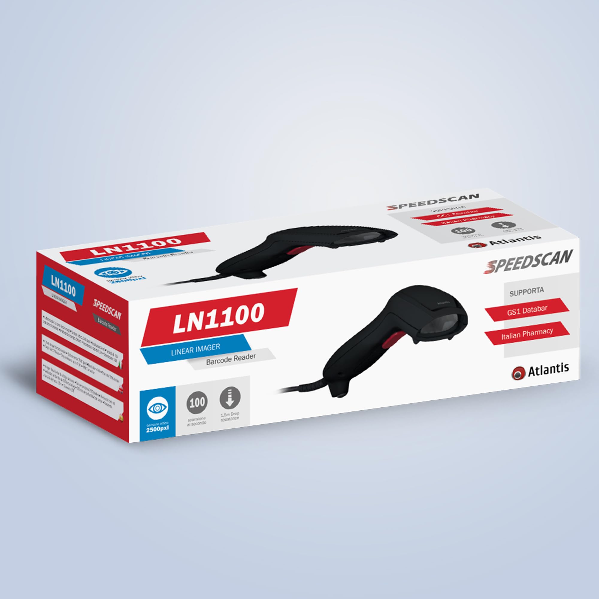 Atlantis A08-LN1100 Lettore Codici a Barre Barcode reader scanner 1D Ottico ad alta risoluzione 2500 pix, 100 scansioni sec, legge da smartphone, codice farmaceutico, collegamento USB, guida rapida.