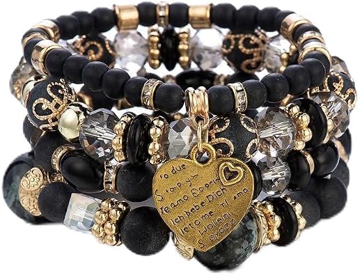 tenghong2021 Boho Stackable Beaded Bracelets for Women Mixed Color Multi-Layer Beaded Stretch Bracelet Set Crystal Stone Heart Letter Gold Charm Gemstone Bangles for Men Summer Beach Gifts Jewelry