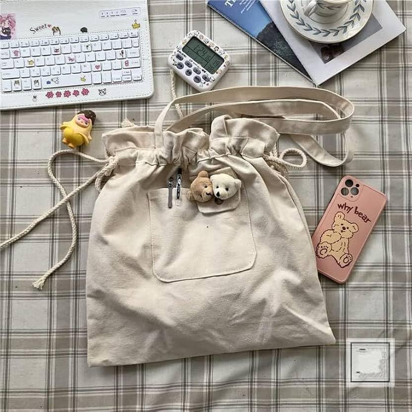 Image of Canvas Tote Bag for Women | Eco-Friendly Fabric Shoulder Bag with Front Pocket | Lightweight Drawstring Tote for Shopping, College & Daily Use