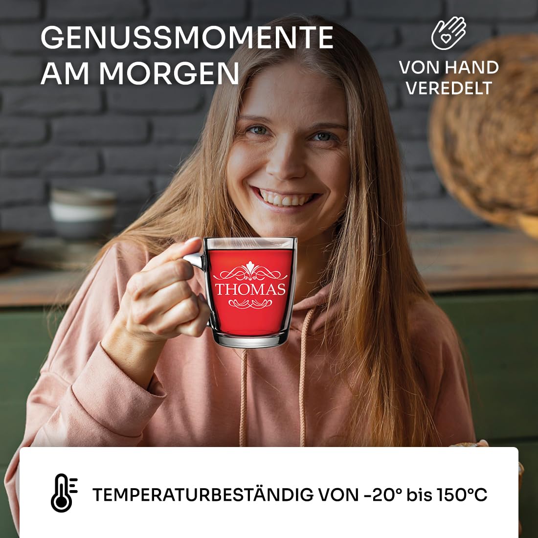 polar-effekt Glas Teebecher 340 ml 6 Stück mit personalisierter Gravur - hitzebeständige Teetassen mit Henkel - für warme und kalte Getränke - BPA-Frei