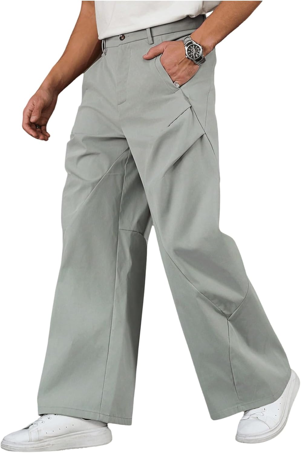 OYOANGLE Men's Wide Leg Pants Zipper Fly Ruched Work Office Casual Slacks Trousers with Pocket