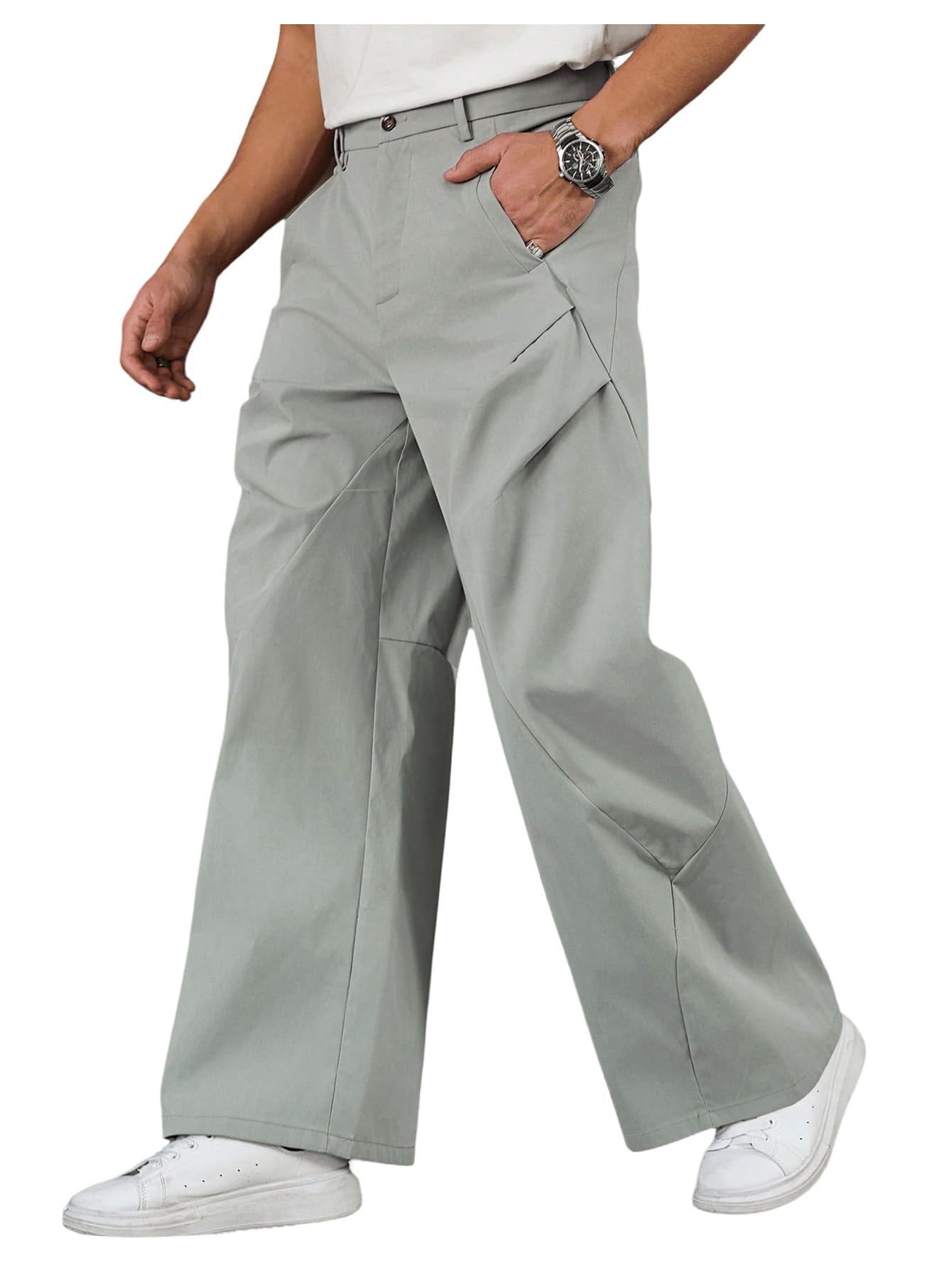 OYOANGLE Mens Wide Leg Pants Zipper Fly Ruched Work Office Casual Slacks Trousers with Pocket