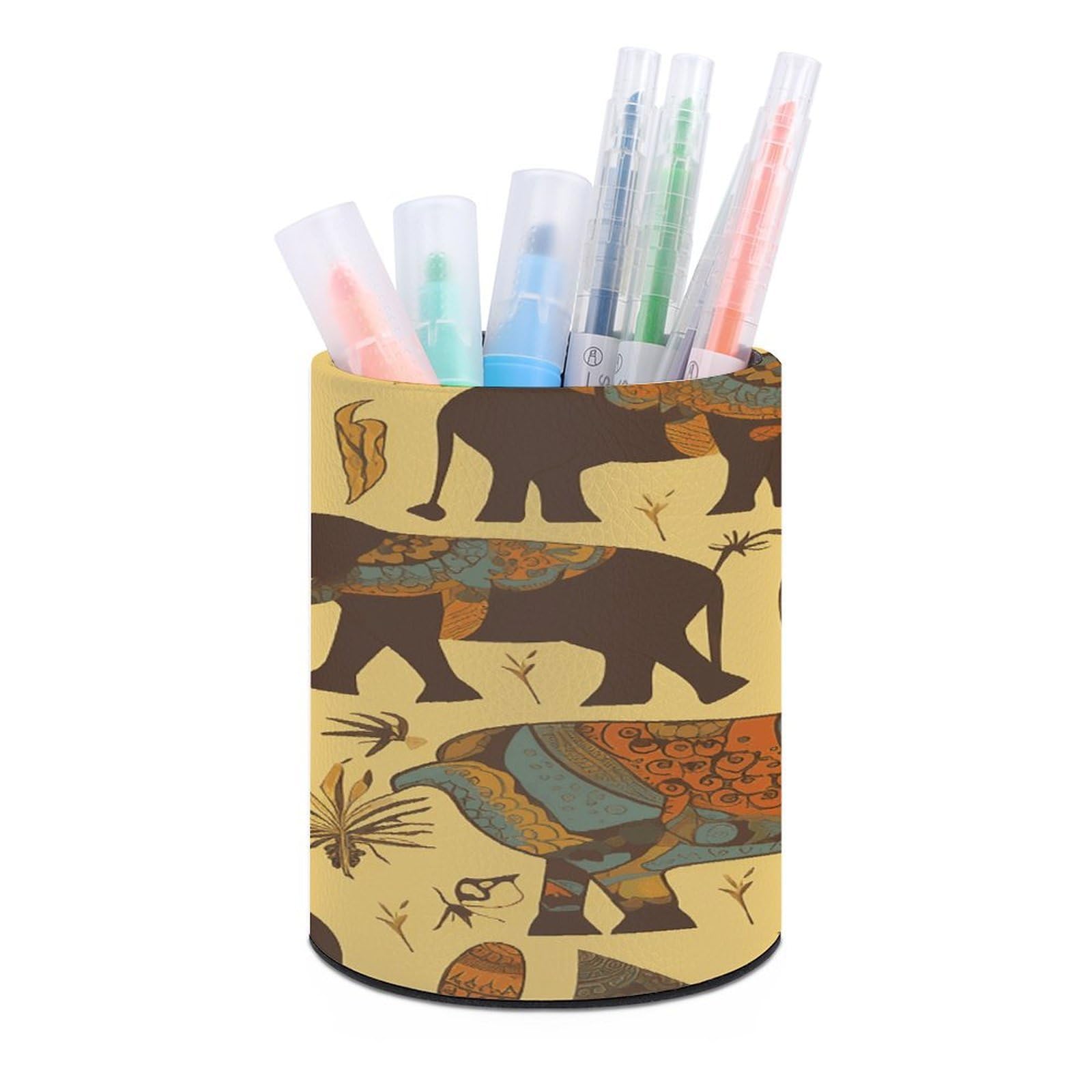 VstaDank - African Elephant Pen Holder Round Pencil Holder PU Leather Desk Organizer Holder Brush Decoration Holder Office Desk Home (3.1 x