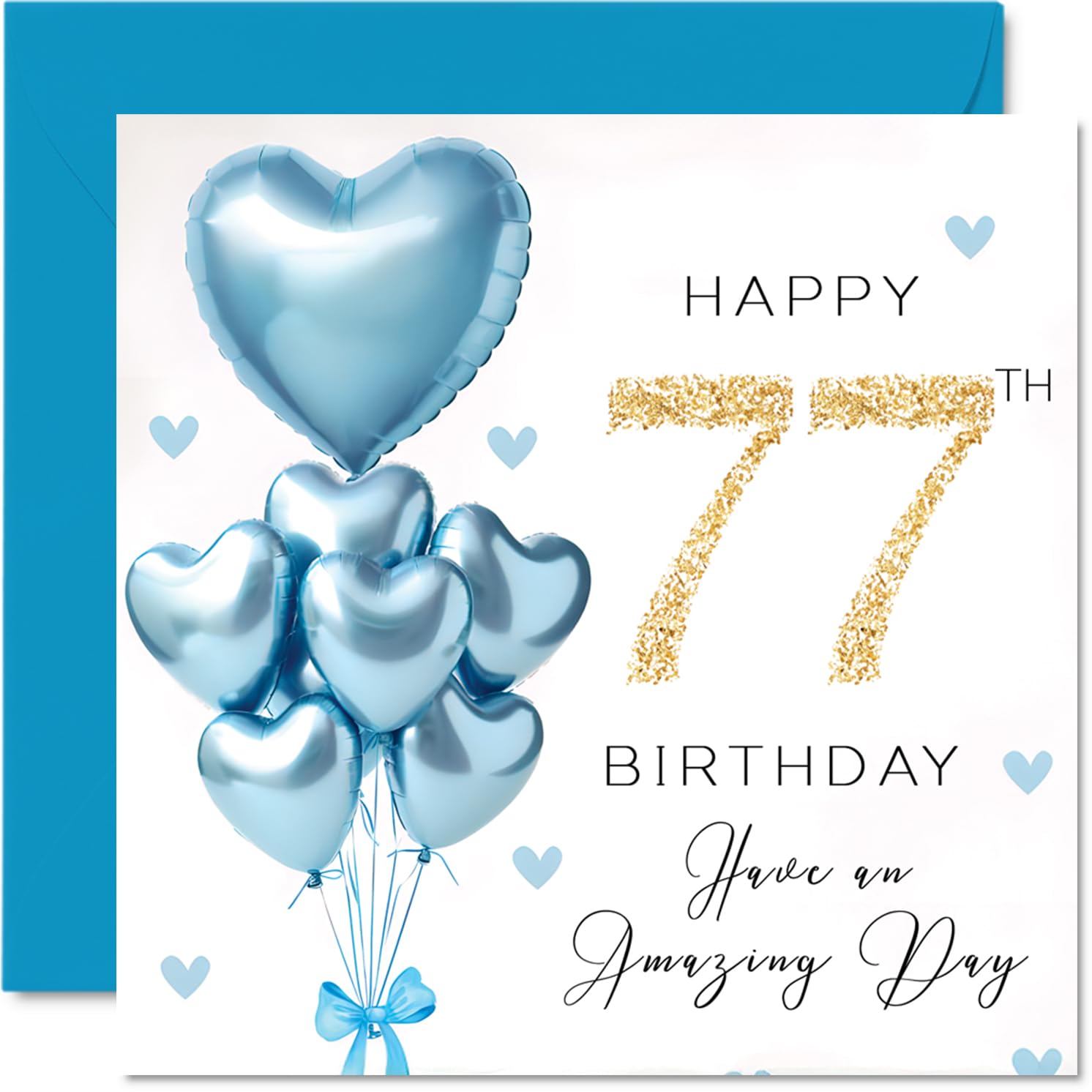 77th Birthday Cards for Men - Blue Glitter Balloons - Happy Birthday Card for 77 Year Old Man Grandpa Husband Dad Uncle, 145mm Bday Greeting Cards
