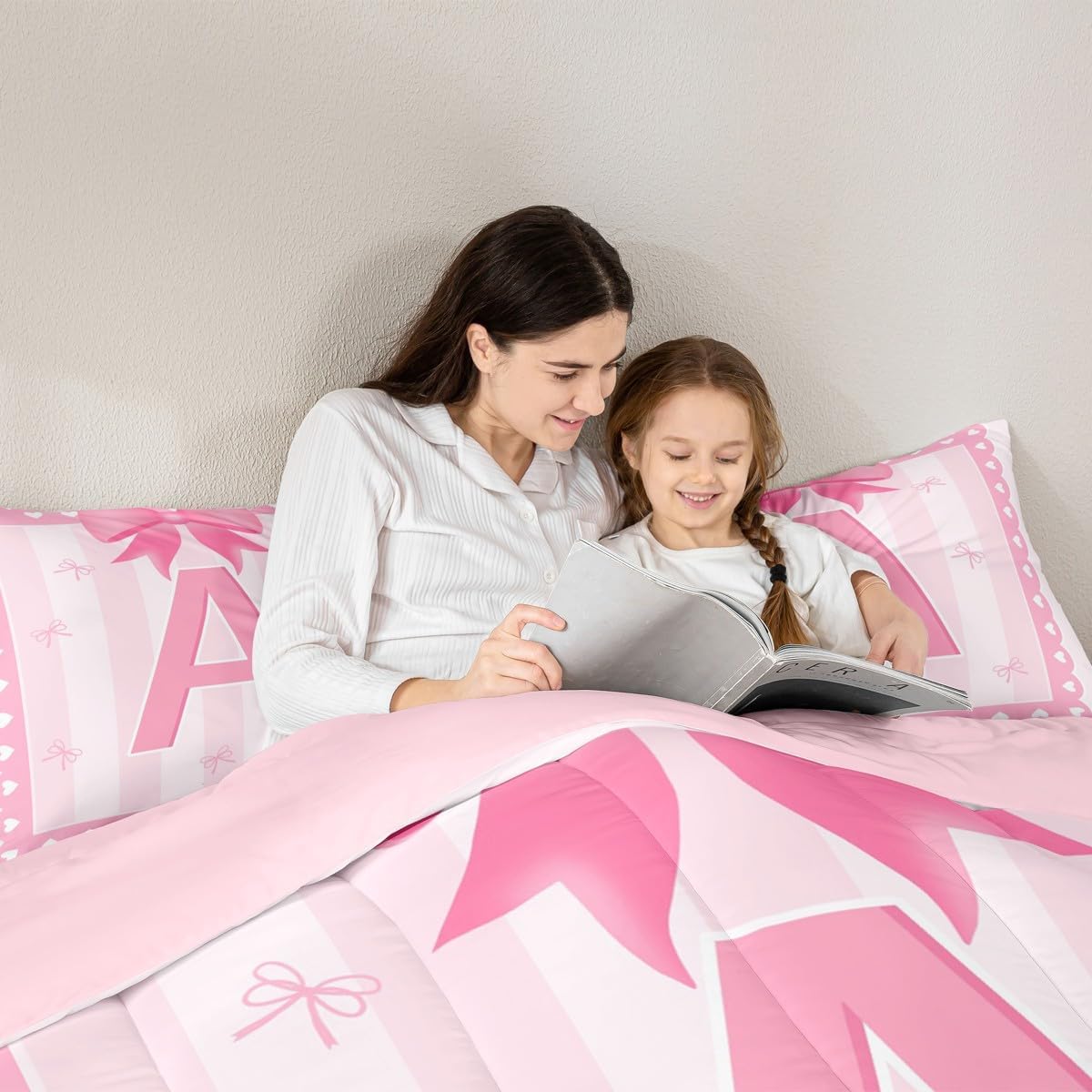 jejeloiu Pink Bow Kids Bedding Set Twin Size,Girl Bow Coquette Comforter Set,Initial Letter A Ultra Soft Duvet Quilt,Butterfly Knot Princess Comforter Personalized Letter A Bedroom Decor