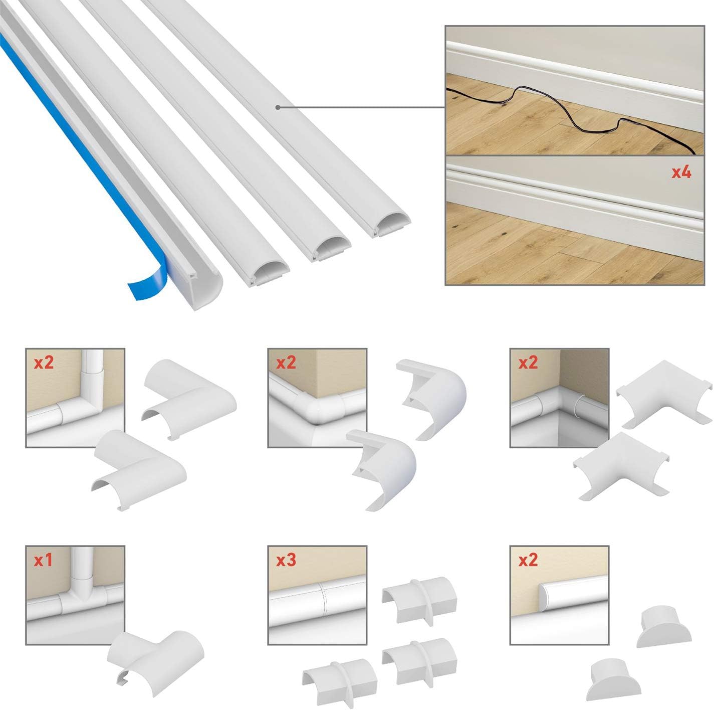 D-Line 13.12ft White Cord Cover Kit, Half Round Cable Raceway, Paintable Self-Adhesive Cord Hider, On Wall Cable Hider, Cable Management - 4X 0.78 (W) x 0.39" (H) x 39" Lengths & 12 Accessories : Electronics
