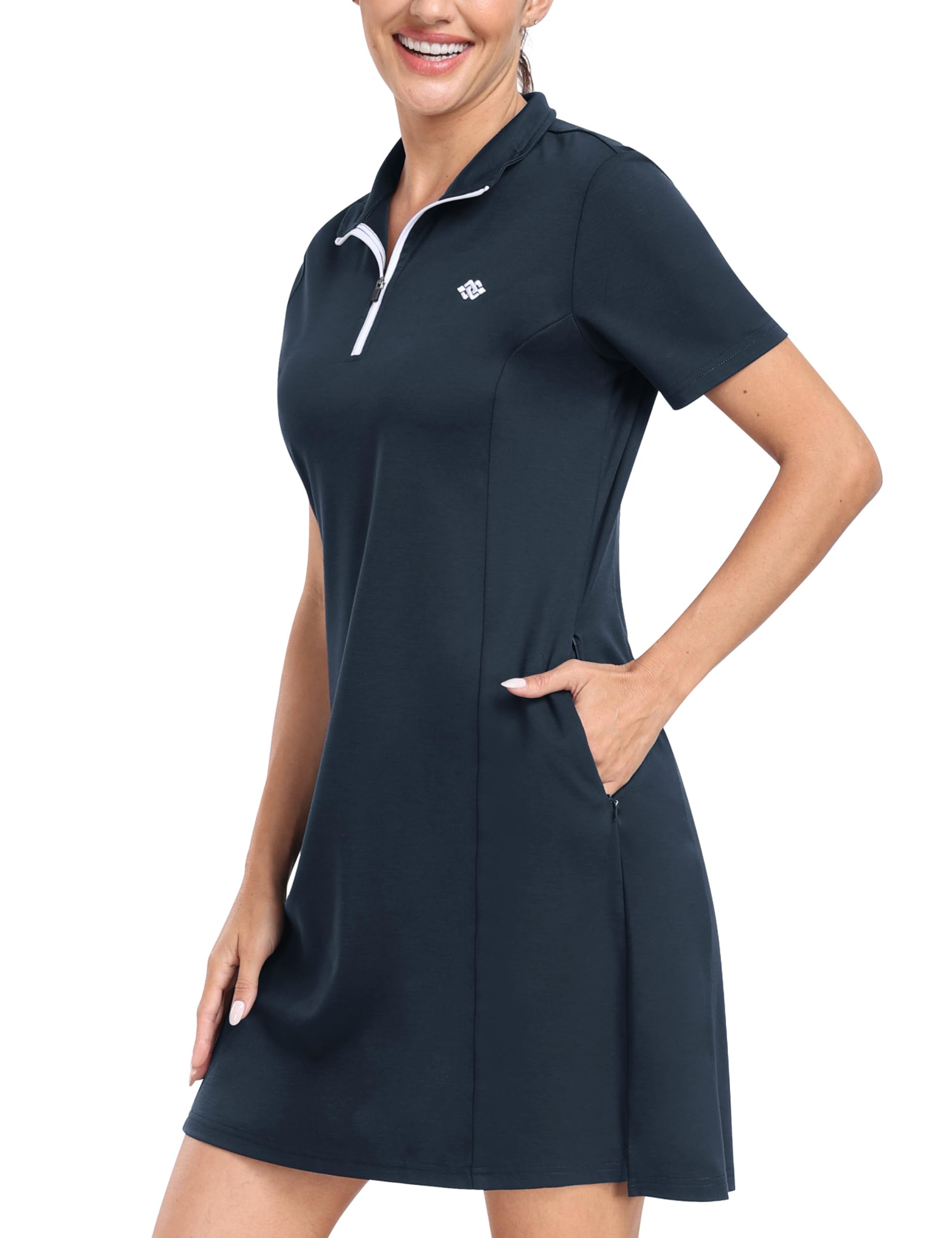Vestido Tenis Polo Mujer Manga Corta Deportivo Vestido Algodón con Cremallera Verano Ligero Dress para Golf Gimnasia Yoga