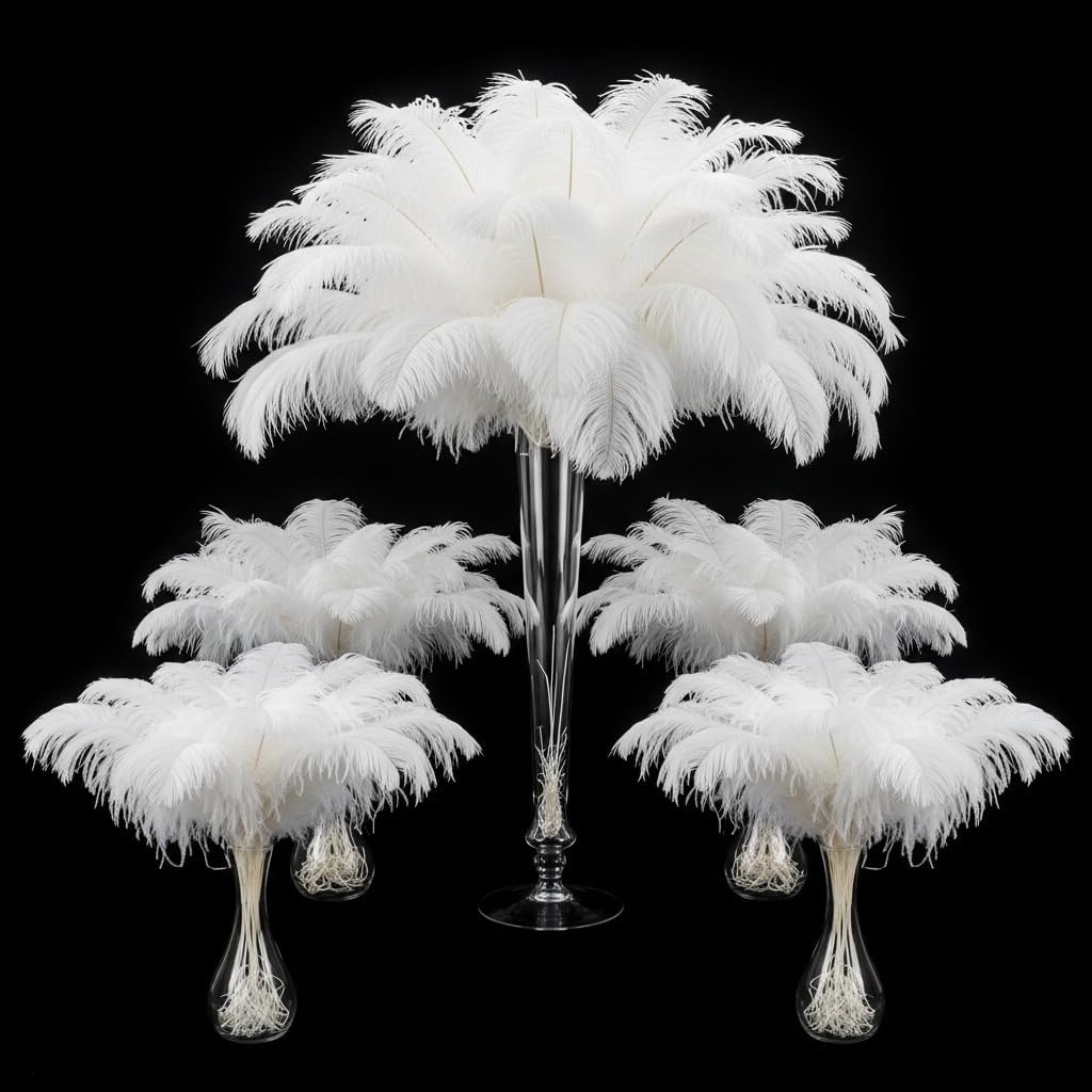 Lamar 100 Pcs White Ostrich Feathers 14-16'' 12-14'' 10-12'' 8-10'' Bulk for Wedding Centerpieces, Event Decor, Floral Arrangement, Home Decor (White)