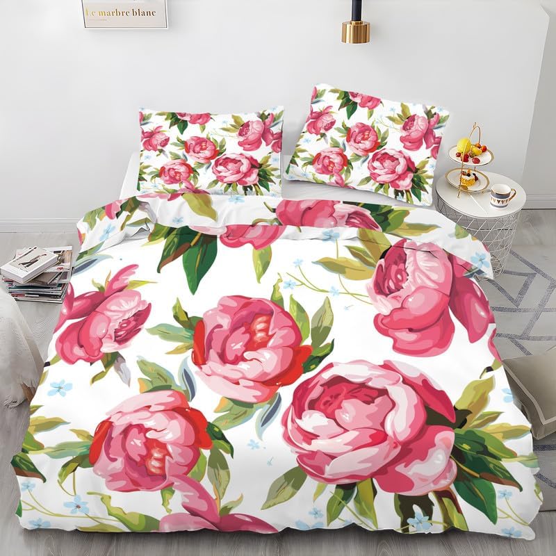 White King Duvet Cover Flowers Print King Bedding Set Soft Microfiber Comforter Cover and 2 Pillow Shams 20"X36", Bed Set Duvet Covers with Zipper