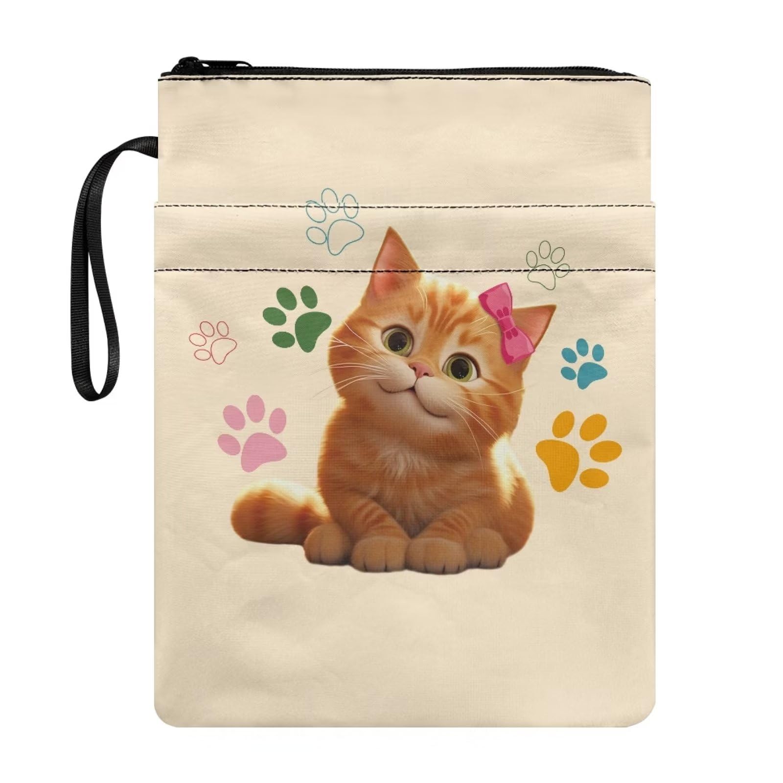 Xoenoiee Cute Cat and Cat Paw Print Book Sleeve for Book Lovers Book Covers for Teen Adult Book Sleeve Protector with Zipper Book Sleeve Cover Book Sleeve Pouch