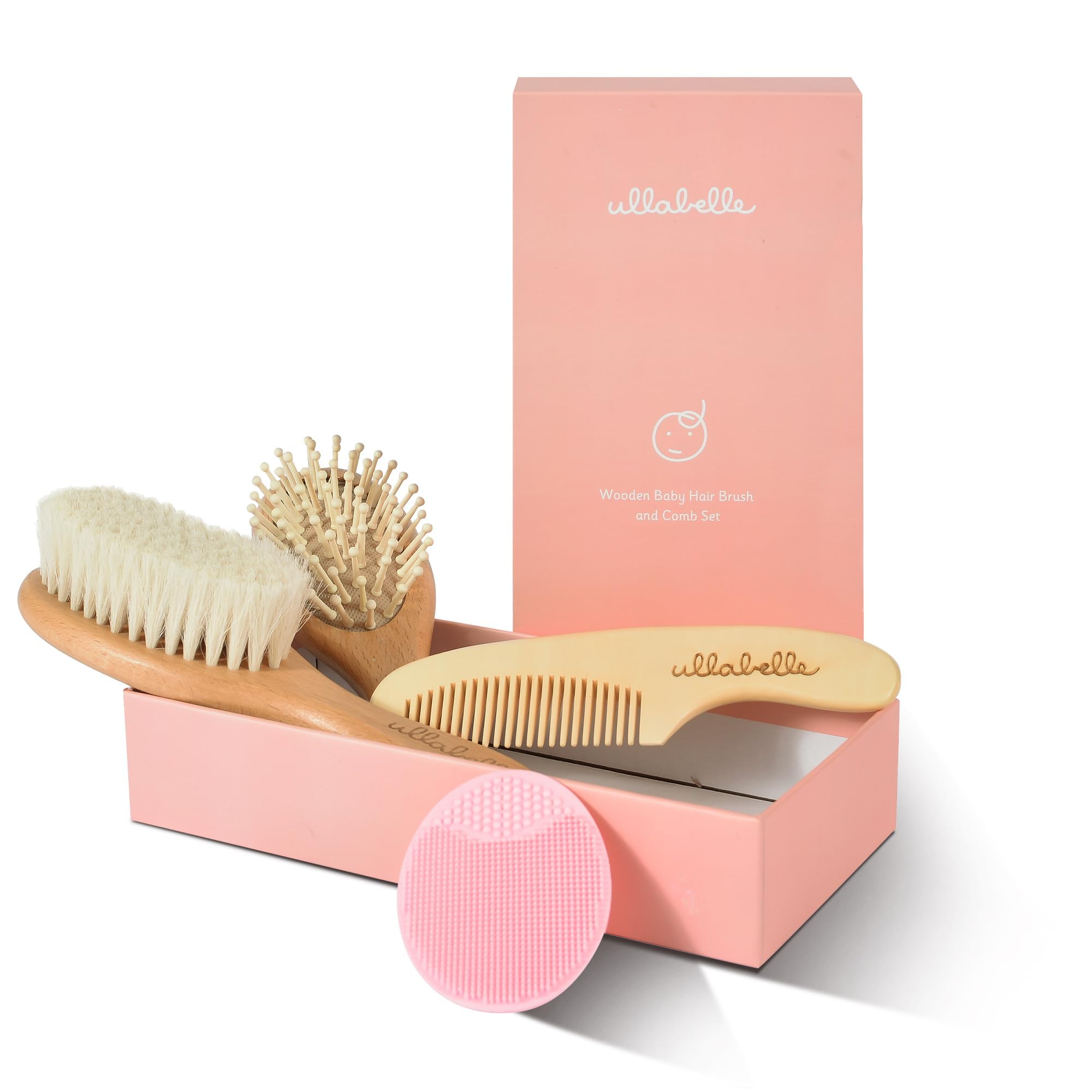 Ullabelle 4 Piece Wooden Baby Hair Brush and Comb Set for Newborns & Toddlers in Chic Gift Box - Ultra Soft Natural Goat Hair and Wood Baby Brush Set Prevents Cradle Cap - Perfect Registry Gift (Pink)