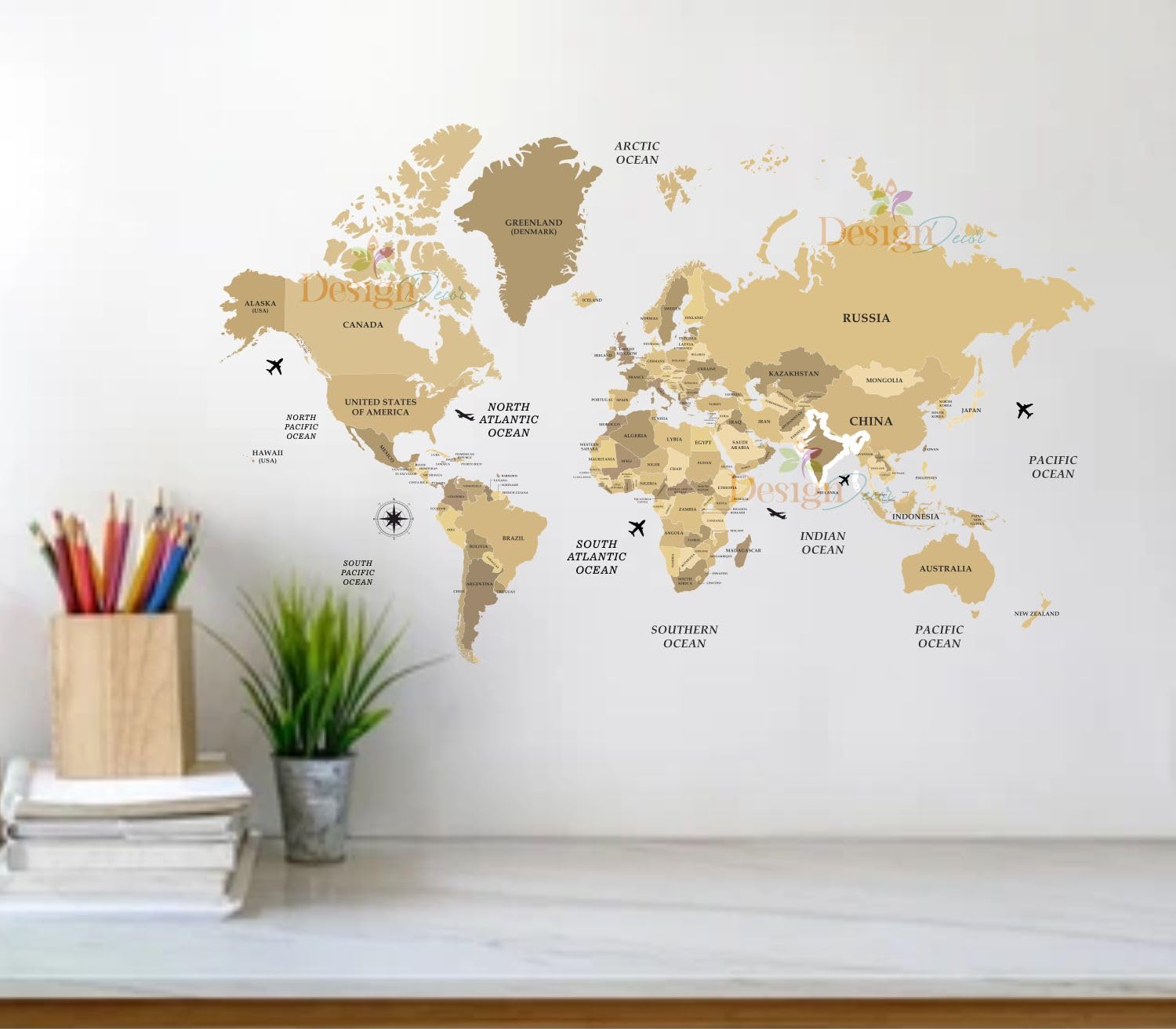 DesignDecor World Map Wall Sticker, Large Decorative Gold Tone Global Atlas Decal, Educational Geographic Room Decor Seld Adesive Vinyl-image-42