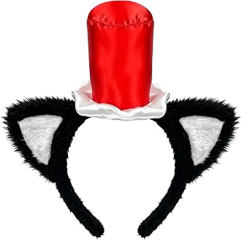 Cat Ears Headband with Red Hat, Book Character Costumes Cat Hat Headband Accessories for Halloween, Read Across America Day for Women Costume Party Cosplay