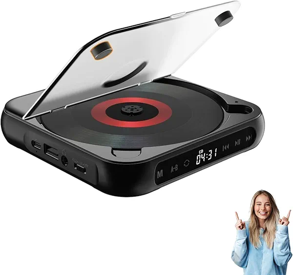Portable Bluetooth Compatible CD Player, 2025 New CD Player with Hi-Fi Sound, Wireless & Wired Playback, Rechargeable Mini CD Players for Travel, Home, Car (Black)