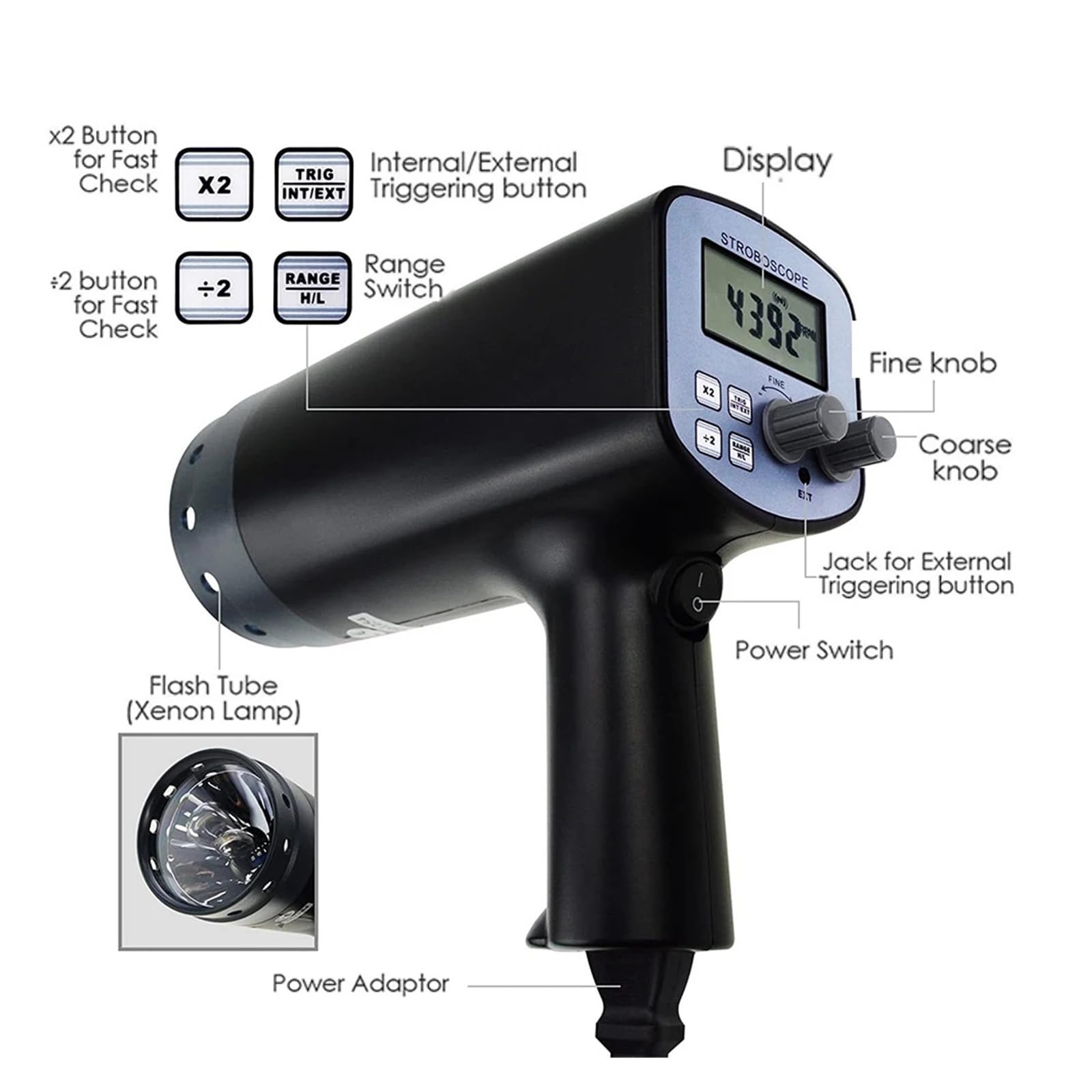 Probador estroboscópico digital, estroboscopio de mano, tacómetro de motor estroboscópico con flash LED sin contacto 50-40000FPM Observación en tiempo real(2350PA)