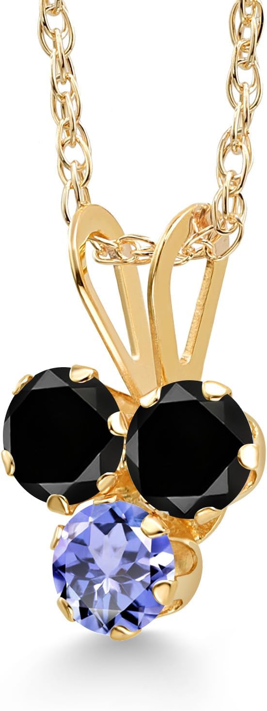 Gem Stone King 14K Yellow Gold Black Diamond and Blue Tanzanite 3-Stone Pendant Necklace For Women (0.35 Cttw, Gemstone April Birthstone, Round 3MM, 18 Inch Chain) - Image 2