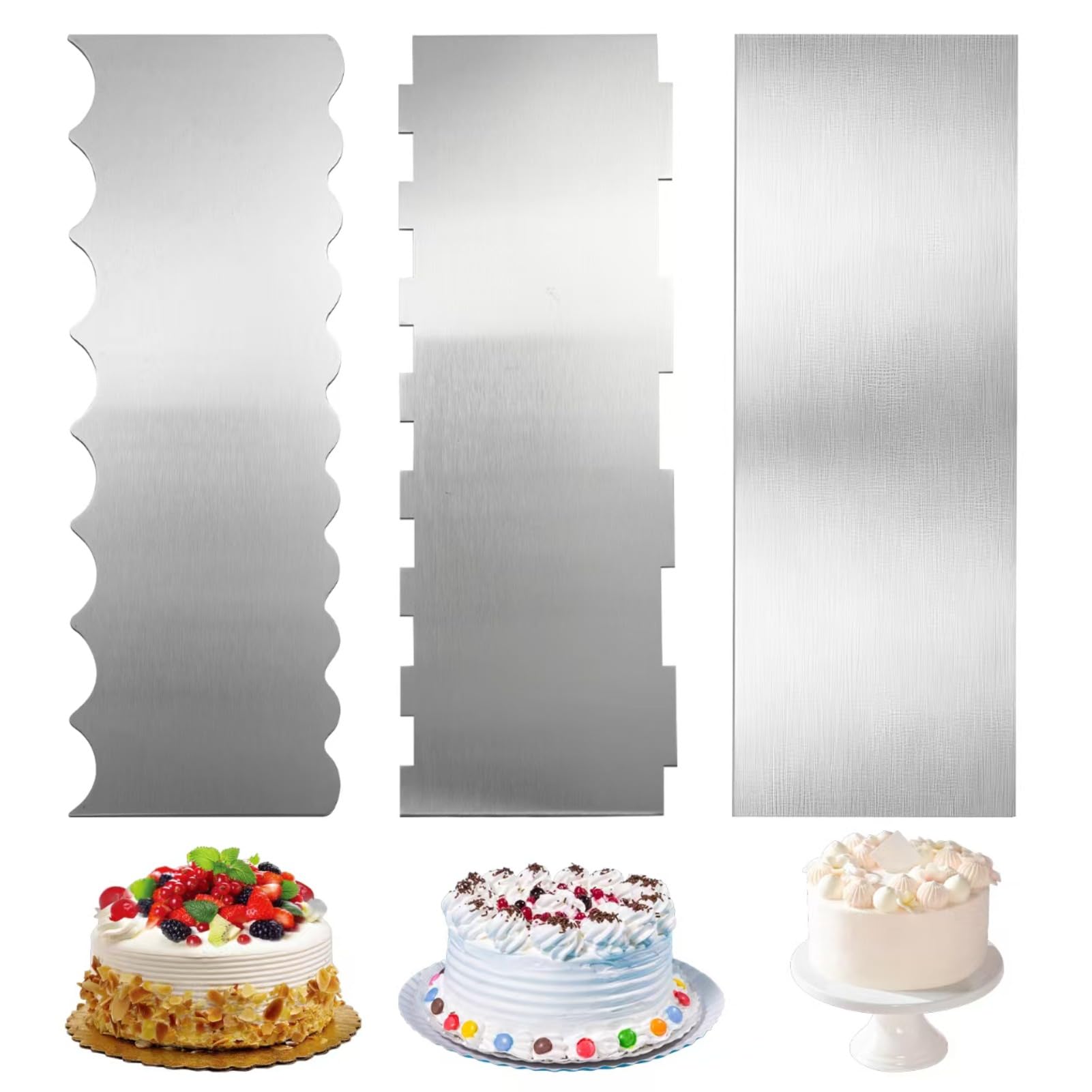 3PCS Stainless Steel Cake Scraper Set, Durable Metal Cake Smoother for Buttercream and Fondant, Cake Decorating Tools for Birthday Cakes, Cheese, Chocolate and Baking