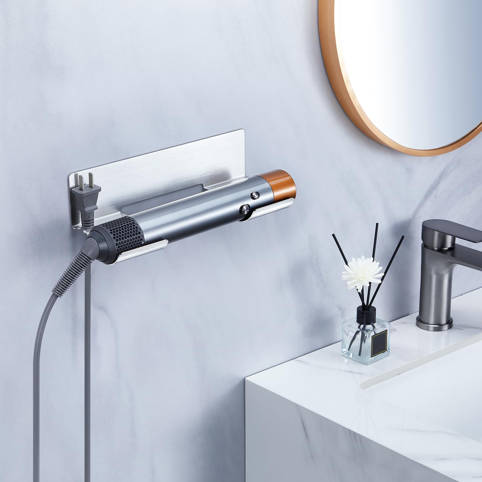 Soporte para Secador y Plancha de Pelo de Pared, Sin Taladrar, para Rizadores y Alisadores, Plata