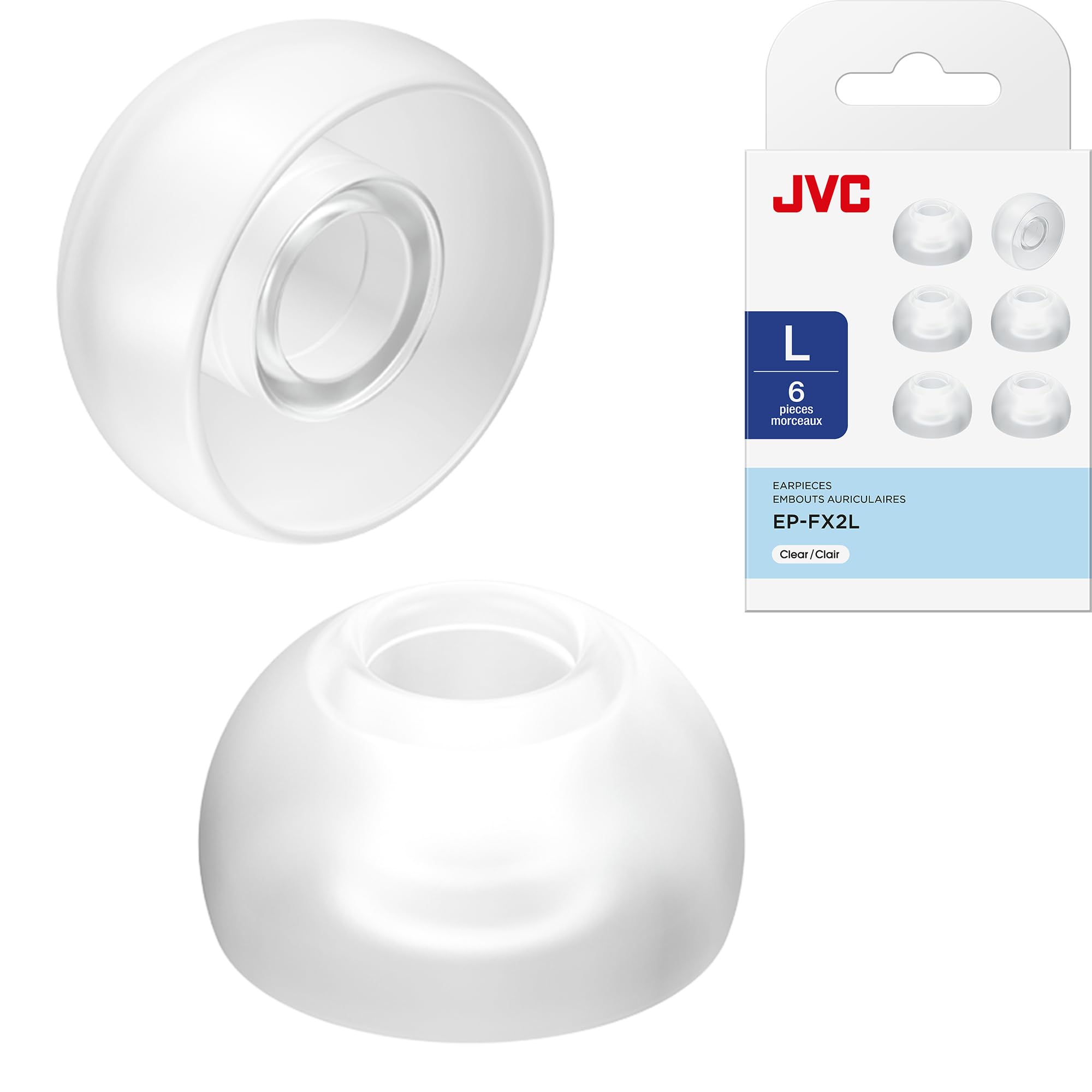 JVC Replacement Silicone Earbuds Earpieces – Set of (6) Ear Tips, Fits Many JVC Models (Large) - EPFX2LZ (Clear)