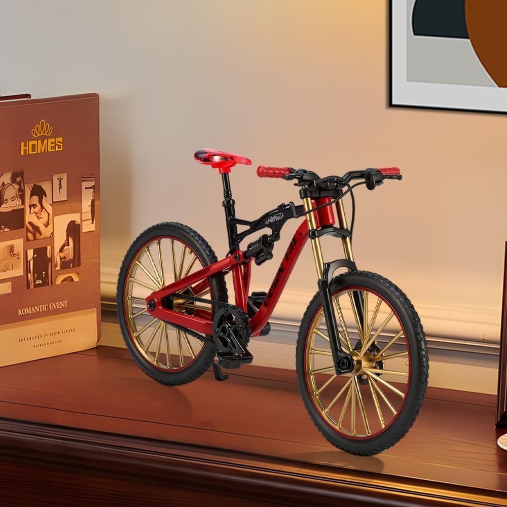 Finger Bicycle Model, Mini Mountain Bike Toy, 1:10 Mountain Bike Model, Finger Mountain Bike Toy, Simulated Bicycle Model for Living Room Table Decoration Office Desk (Red)
