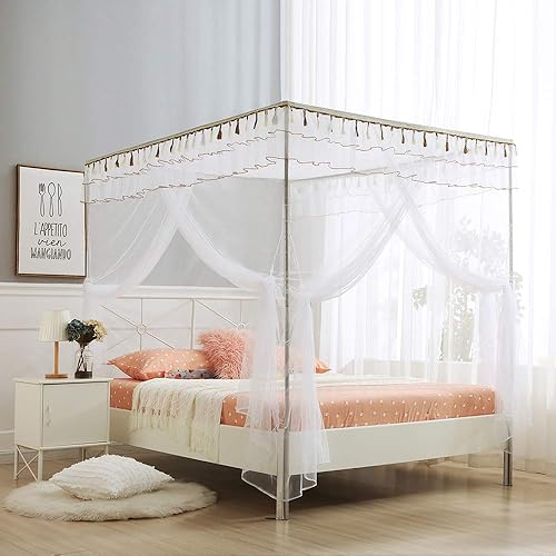 JQWUPUP Cortinas de cama con dosel, mosquitera de 4 esquinas con volantes princesas, dosel de cama para niñas y niños, cuna, decoración de