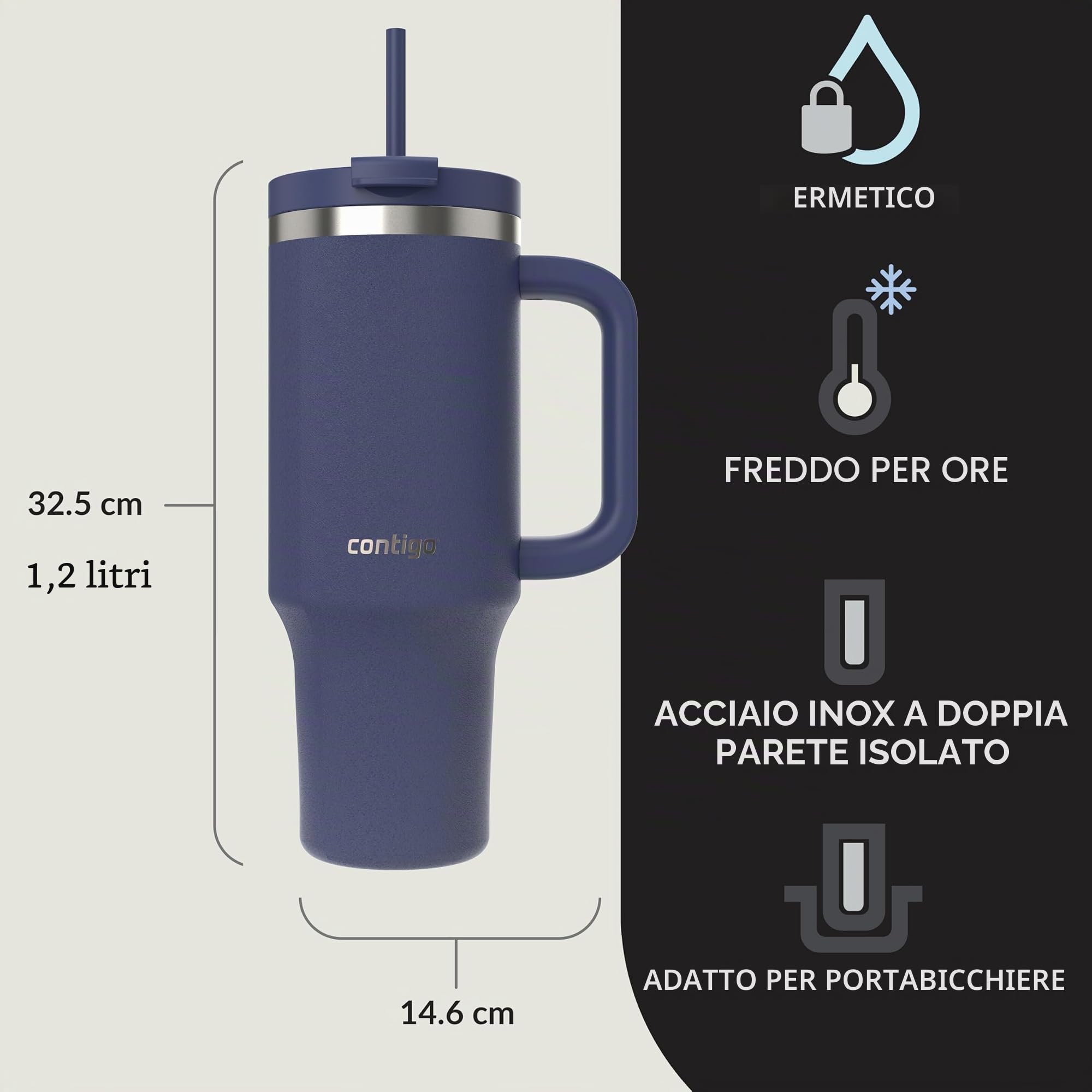 Contigo Bottiglia termica 1200 ml con manico e cannuccia | Borraccia isolata in acciaio inossidabile con coperchio