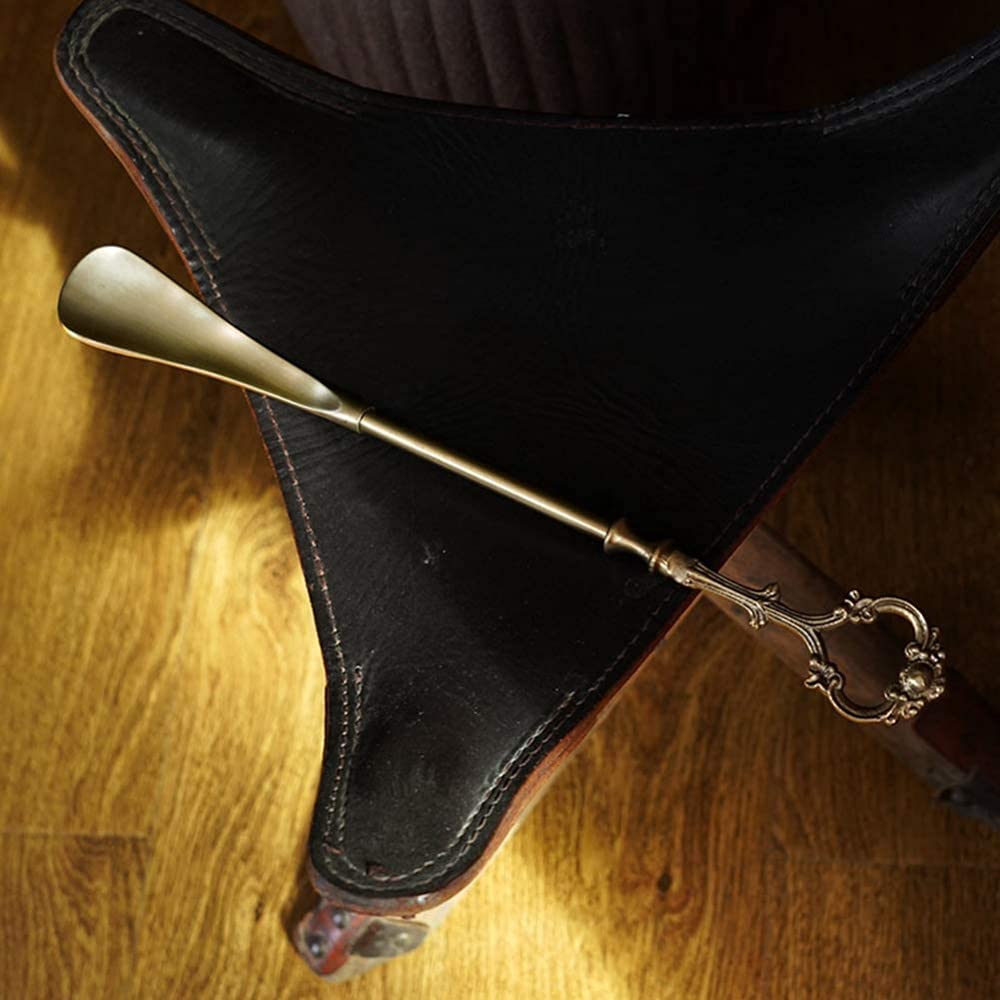 BERTY·PUYI Metall-Schuhlöffel, Langer Messing-Schuhanzieher, Designstabiler Schön Haltbarer Schuhlöffel, Langer Griff Schuhlöffel Bequemer Rutschfester Schuhlöffel Stark,Gold