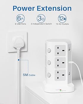 Tower Extension Lead With 5M Cable by KOOSLA, [13A 3250W] Surge