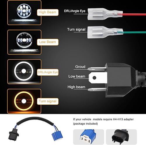 Miniatura 7 de Shkalacar 2 faros delanteros LED de 7 pulgadas de 14000 lm con señal de giro DRL de repuesto para faros Wrangler y motocicleta universal, IP67