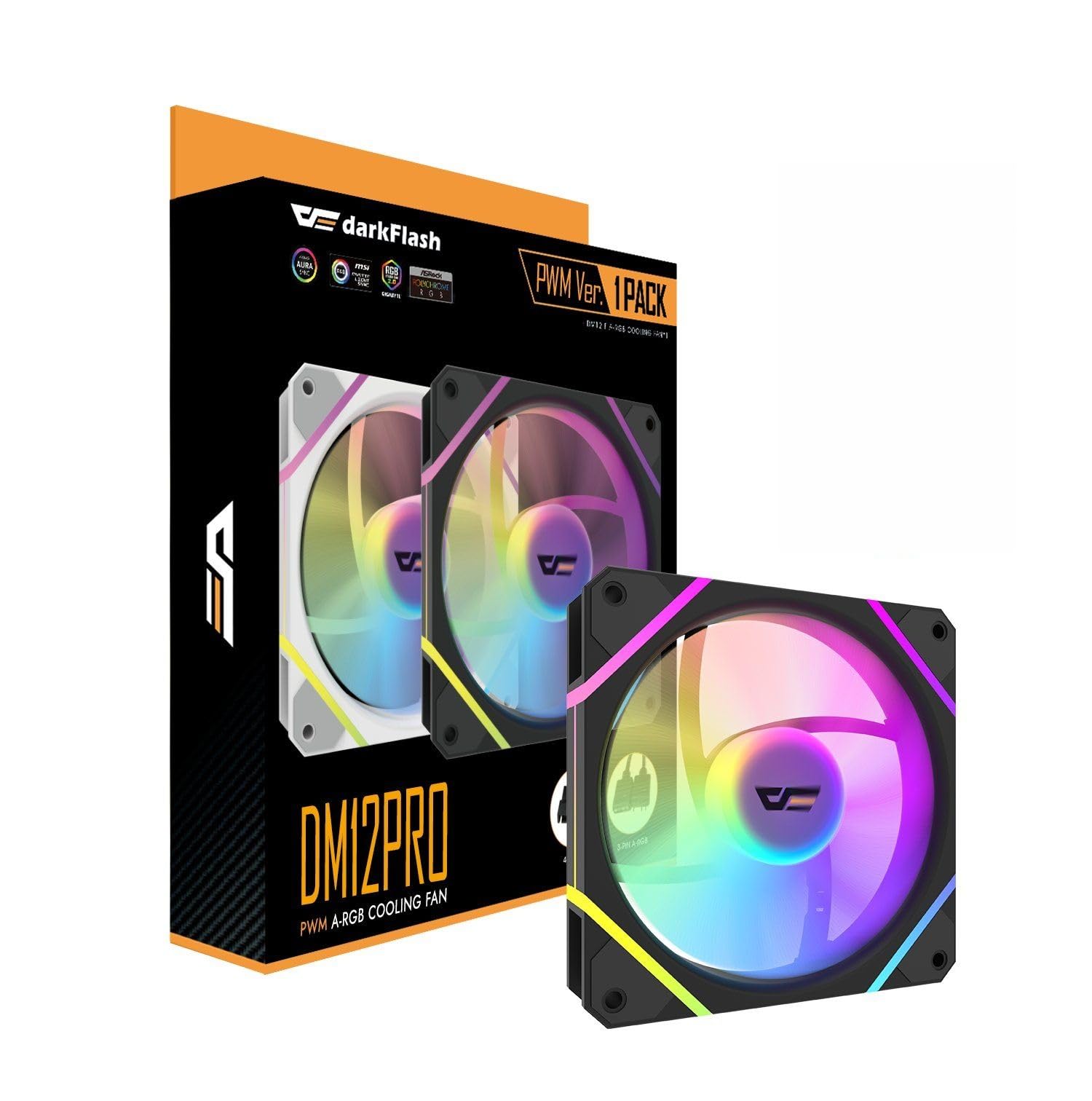 DarkFlash DM12Pro Ventola ARGB PWM 120 mm, Nero, 1800 giri/min, 65 m³/h, 25 dB, 2,5 W, confezione da 3
