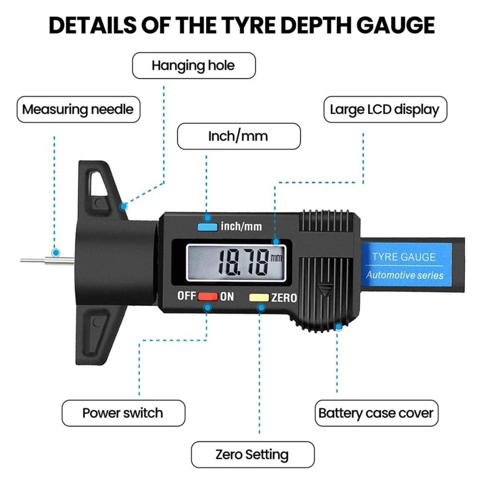 Medidor de profundidad Medidores de espesor Digital para neumáticos coche, medidor profundidad la banda rodadura del neumático, herramienta medición, pinza, monitoreo zapata freno,para coches(Blue)