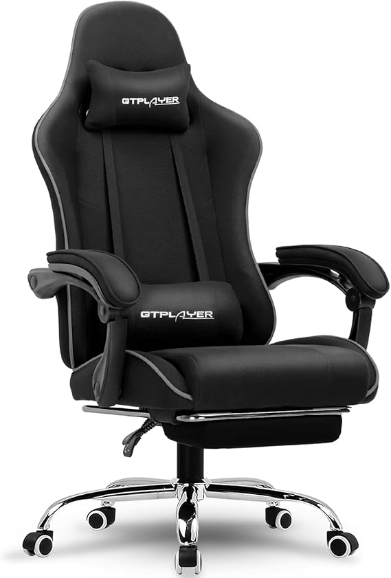 GTPLAYER Gaming Chair with Footrest, Computer Chair with and Lumbar Support, Height Adjustable Game Chair with 360°-Swivel Seat and Headrest and for Office or Gaming (All Black-Fabric)