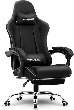 GTPLAYER Gaming Chair with Footrest, Computer Chair with and Lumbar Support, Height Adjustable Game Chair with 360°-Swivel Seat and Headrest and for Office or Gaming (All Black-Fabric)