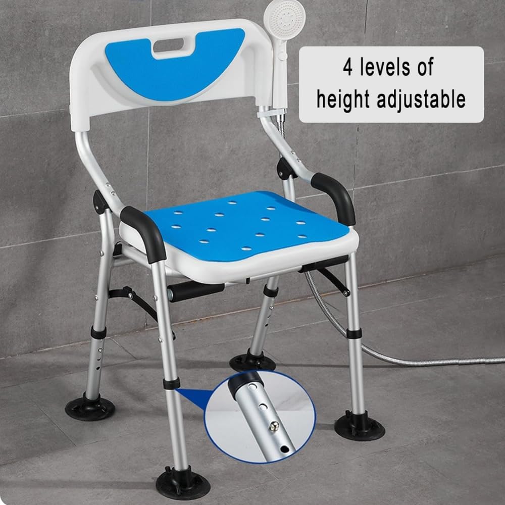 Silla de Ducha Ligera y Plegable for Personas Mayores, Taburete Acolchado con Respaldo, Ajustable en 4 Alturas, extraíble y Antideslizante.