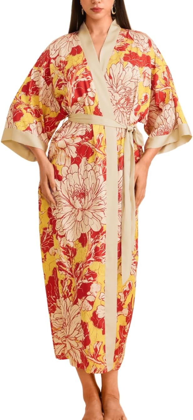 ChiaoLezhee Women's Fancy Print Satin Kimono Robe, Soft Silky Lightweight, Long Wedding Bridesmaid Robes Fits Sizes 0-12