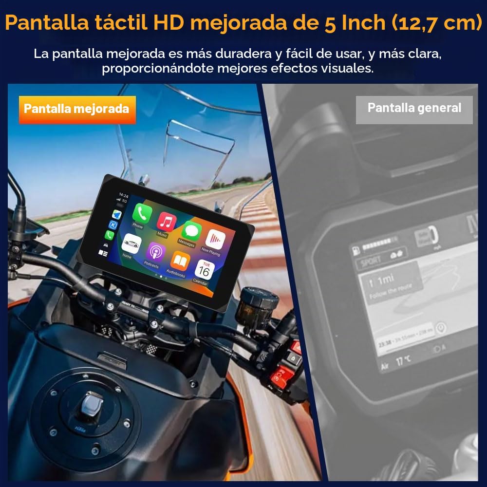 VSYSTO Carplay inalámbrico y Android Auto para Motocicleta, 5 Pulgadas Carplay Portátil con Soporte, Dashcam Delantero Trasero 1080P, Pantalla Táctil Impermeable con Bluetooth, Navegación GPS, TPMS