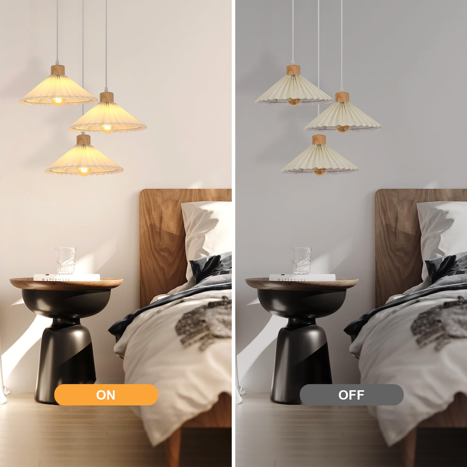 Goeco Lampada a Sospensione 3 Luci, Vintage Lampadario in Legno, Lampada a Sospensione con Paralume in Tessuto per Cucina, Soggiorno e Tavolo da Pranzo