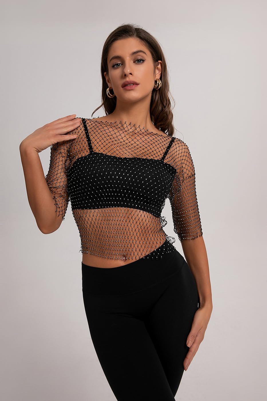 Women Sexy Sheer Mesh Rhinestone Crop Top - Mesh Body Chains See Through Cover up Sparkly Glitter Shirt Party Club Wear - Image 5