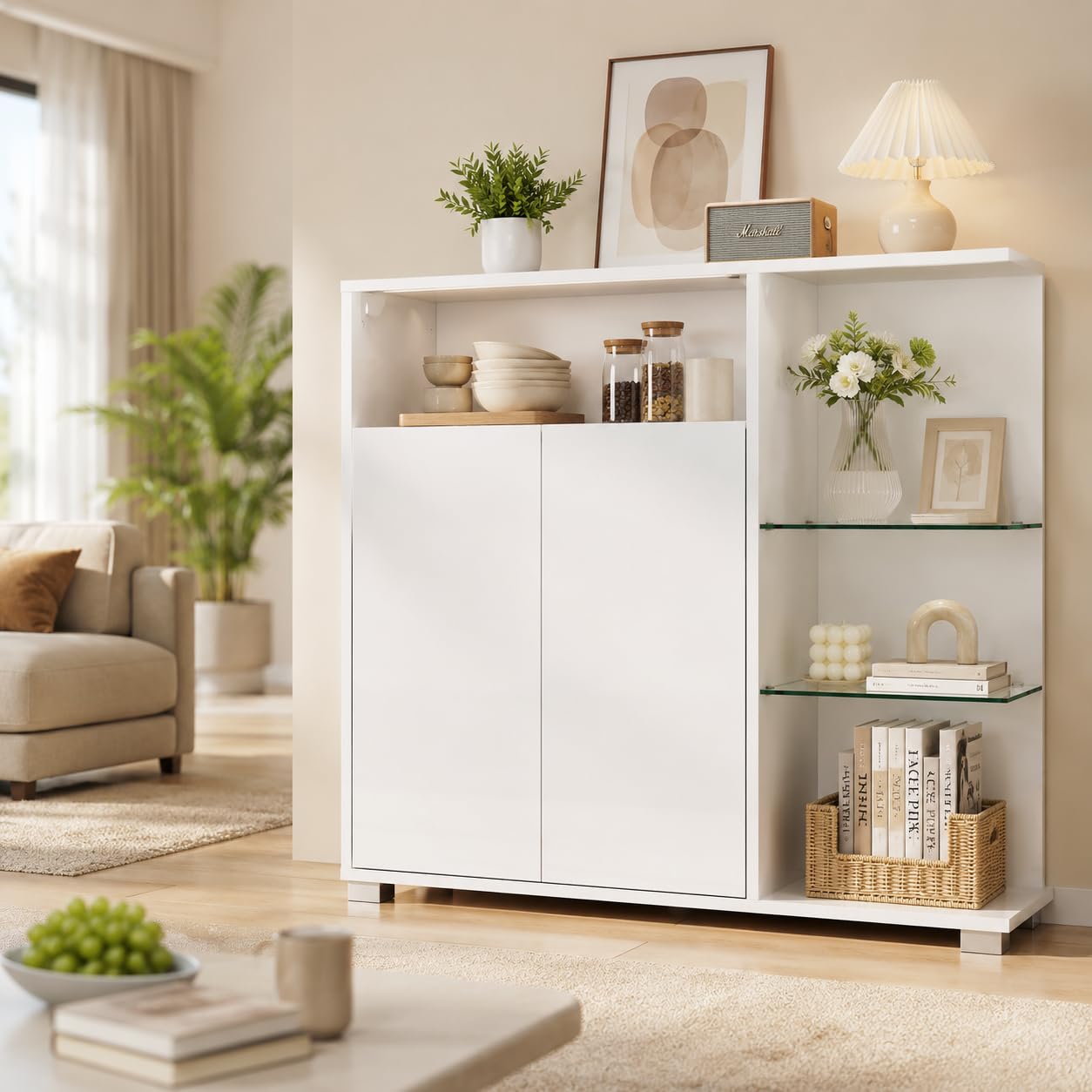 SONNI Sideboard Kommode mit LED 2 Türen 3 Glasregale 90x30x82cm Hochglanz | Verstellbarer Ablage Schrank, Komodenschrank, Wohnzimmermöbel, Wohnzimmerschrank für Badezimmer, Küche, Schlafzimmer, Weiß