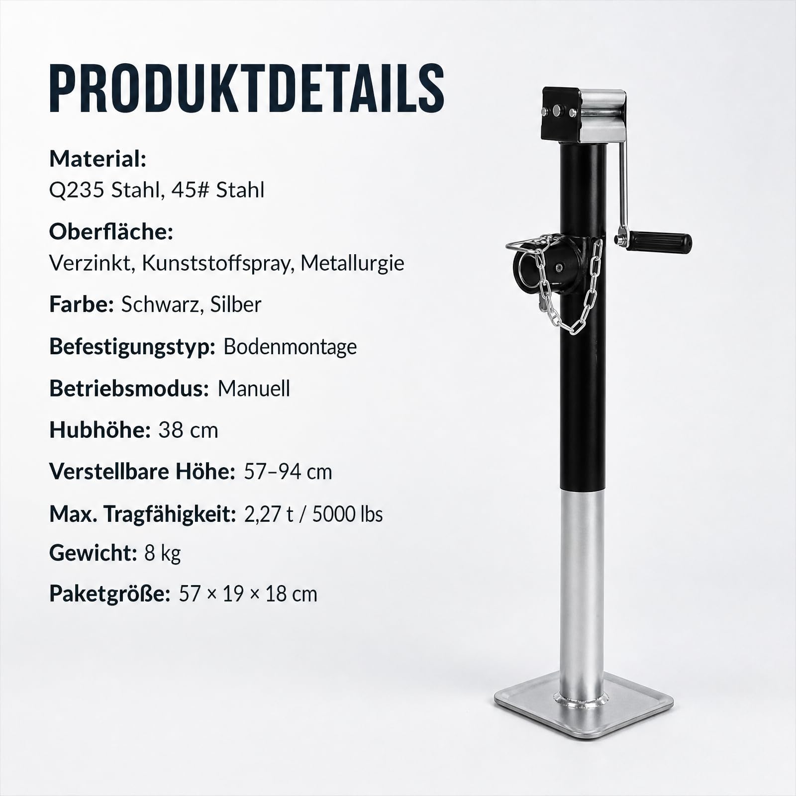 Anhängerheber, 2,27T 5000LBS Stützfuß Anhänger, 38cm Hubhöhe Anhänger-Heckstütze für Wohnwagen mit Kurbel, Q235 Stahl, 57-94 cm Verstellbar für PKW LKW Camper