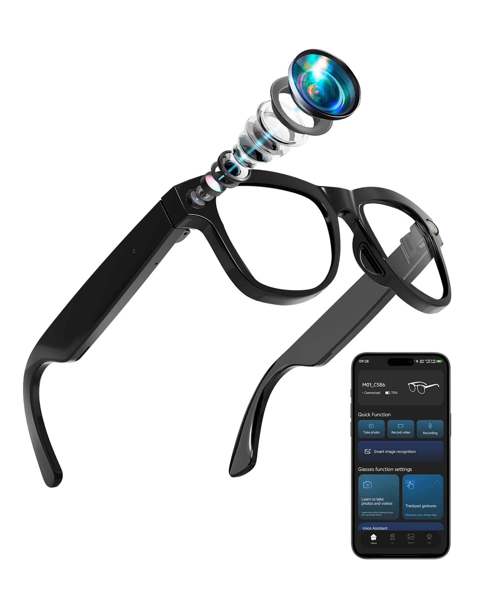 Coucur AI Smart Glasses with Camera 8MP HD Camera Glasses 1080P Video Recording Glasses ChatGPT Voice Assistant Multi-Language
