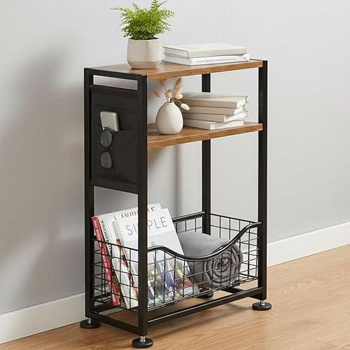 Mesa auxiliar delgada con almacenamiento, mesas auxiliares delgadas de 3 niveles para espacios pequeños, mesa auxiliar estrecha mesita de noche