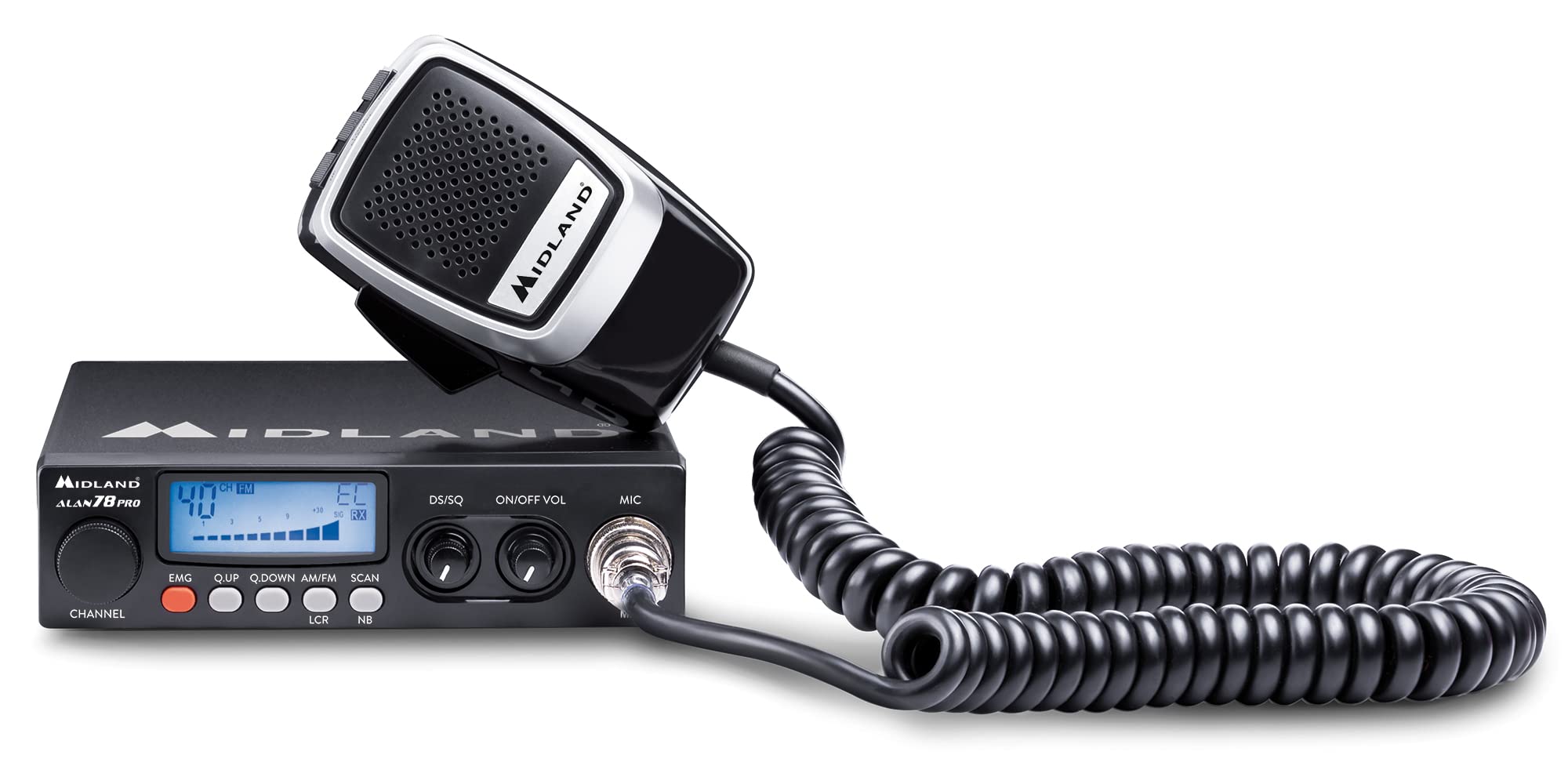 Midland - Radio CB ALAN 78 PRO, Ricetrasmittente Veicolare Multibanda Senza Licenza, Potenza Regolabile 1W/4W, Display e S-Meter, Squelch Digitale, Noise Blanker, SCAN, Microfono 6Pin Precision Series