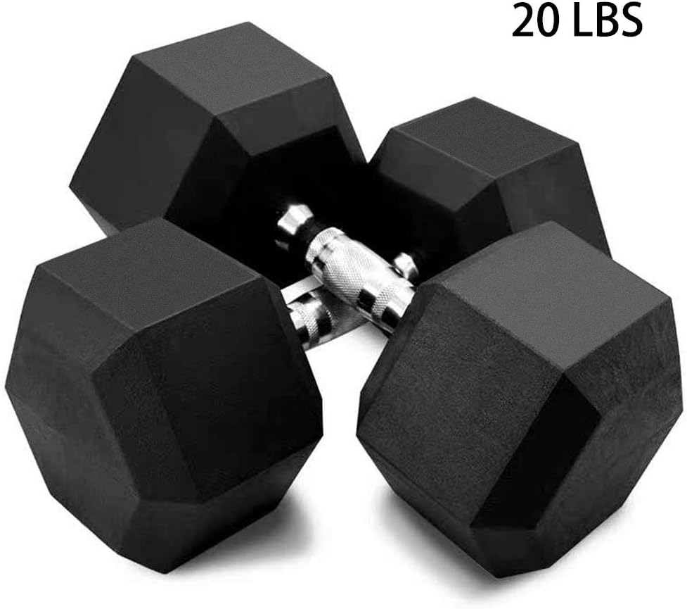 5-50lbs Dumbbells - Hex Rubber Dumbbell With Metal Handles - Shaped Heads to Prevent Rolling and Injury - Ergonomic Hand Weights for Exercise, Therapy, Building Muscle (Set Of 2 (20lbs), Black)